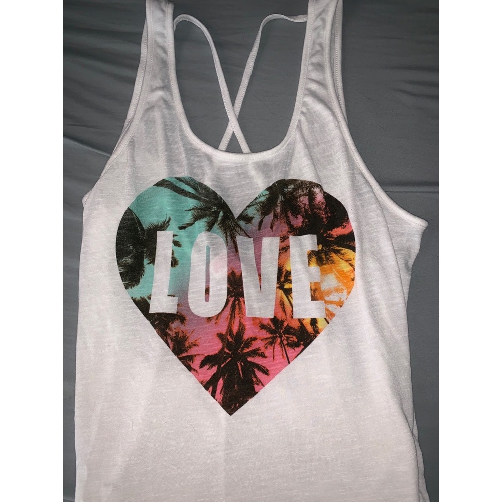 Xhilaration White “Love” Palm Trees Tank Top
